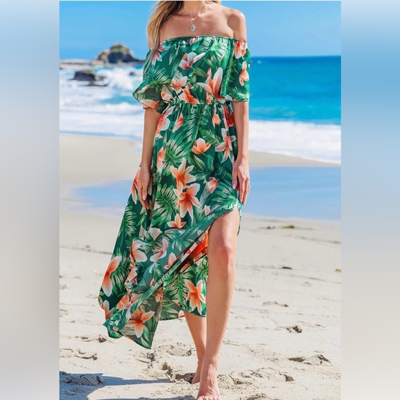 CupShe Green Floral Maxi Dress Large NWT | Off‑Shoulder Coastal Romantic Style - Picture 3 of 4